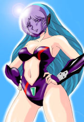 Rule 34 | 1girl, bare shoulders, blue hair, breasts, cleavage, daitokuji biko, female focus, long hair, looking at viewer, parted lips, project a-ko, ranpu, smile, solo, standing, tagme, visor