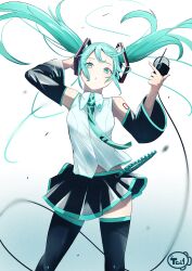 Rule 34 | 1girl, absurdres, aqua eyes, aqua hair, arm tattoo, black skirt, black thighhighs, collared shirt, commentary, cowboy shot, detached sleeves, dot nose, facing viewer, floating hair, gradient background, hand on own head, hatsune miku, highres, holding, holding microphone, long hair, looking at viewer, microphone, number tattoo, parted lips, ryoui69siki, shirt, signature, simple background, skirt, sleeveless, sleeveless shirt, solo, tattoo, thighhighs, twintails, vocaloid, zettai ryouiki
