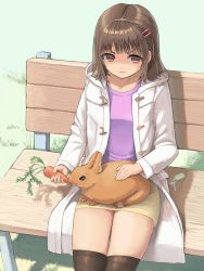 Rule 34 | 1girl, absurdres, animal, bench, black thighhighs, blunt bangs, brown hair, carrot, child, coat, cowboy shot, eyelashes, flat chest, frown, highres, key, long sleeves, looking at viewer, miniskirt, on bench, open clothes, open coat, original, park bench, pencil skirt, pink eyes, pink shirt, rabbit, shirt, sitting, skirt, solo, susu (ysy), thick eyebrows, thighhighs, thighs, white coat, yellow skirt