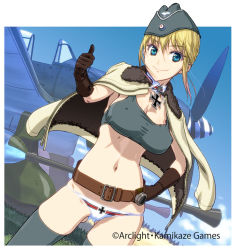 Rule 34 | 1girl, aircraft, airplane, belt, black thighhighs, blonde hair, blue eyes, commentary request, copyright request, covered erect nipples, cowboy shot, crop top, cross, day, detached collar, dutch angle, garrison cap, gloves, hand on own hip, hat, iron cross, jacket, jacket on shoulders, lowleg, lowleg panties, navel, outdoors, panties, solo, takashi akira, thighhighs, thumbs up, underwear, white panties