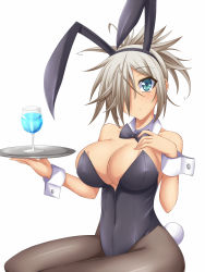 Rule 34 | 1girl, aki (suterii), animal ears, bad id, bad pixiv id, bare shoulders, black pantyhose, blush, bow, bowtie, breasts, cleavage, cuffs, drink, fake animal ears, grey hair, hair over one eye, highres, large breasts, leotard, original, pantyhose, playboy bunny, rabbit ears, short hair, solo, suterii, tail, tray, wrist cuffs