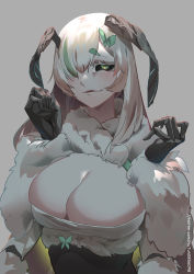 Rule 34 | 1girl, absurdres, arthropod girl, black sclera, blush, breasts, cleavage, colored sclera, commentary request, green eyes, green hair, grey background, hair ornament, hair over one eye, highres, hu tu, indie virtual youtuber, insect girl, juniper actias, large breasts, moth girl, moth hair ornament, multicolored hair, parted lips, streaked hair, twitter username, upper body, virtual youtuber, white hair