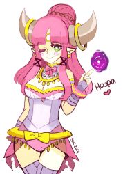 Rule 34 | 10s, 1girl, armlet, blush stickers, bow, bracelet, breasts, breasts squeezed together, colored eyelashes, creatures (company), eyelashes, facial mark, fingerless gloves, forehead mark, game freak, gen 6 pokemon, gloves, green eyes, hair ribbon, hoopa, hoopa (confined), hopebiscuit, horn ornament, horns, jewelry, legendary pokemon, leotard, long hair, lots of jewelry, magic, mythical pokemon, nintendo, one eye closed, personification, pink hair, pointy ears, pokemon, pokemon xy, ribbon, showgirl skirt, smile, solo, thighhighs, wink