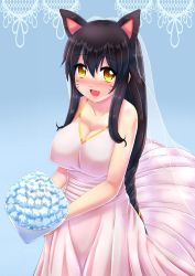 Rule 34 | 1girl, ahri (league of legends), animal ears, blush, bouquet, braid, breasts, bridal veil, bride, cleavage, collarbone, dress, facial mark, fang, flower, fox ears, fox tail, large breasts, league of legends, long hair, multiple tails, open mouth, solo, tail, veil, wedding dress, whisker markings, xano, yellow eyes