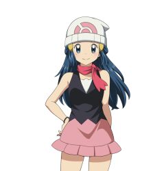 Rule 34 | 1girl, beanie, black shirt, blush, closed mouth, commentary request, cowboy shot, creatures (company), dawn (pokemon), eyelashes, game freak, grey eyes, hair ornament, hairclip, hand on own hip, hat, long hair, looking at viewer, nintendo, pokemon, pokemon dppt, scarf, shirt, skirt, sleeveless, sleeveless shirt, smile, solo, suitenan, transparent background, white hat