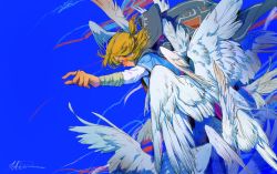 Rule 34 | 1boy, arm guards, blonde hair, blue background, blue eyes, blue tunic, blush, cape, closed mouth, earrings, feathered wings, floating hair, flying, from side, grey cape, half updo, highres, huizhuan song shi, jewelry, link, looking away, looking down, male focus, multiple wings, nintendo, outstretched arm, pointy ears, profile, signature, simple background, solo, the legend of zelda, the legend of zelda: breath of the wild, too many, white wings, wings