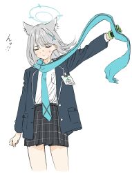 Rule 34 | 1girl, animal ears, aqua necktie, aqua scarf, arm up, black gloves, black jacket, black skirt, blazer, blue archive, blush, clenched hand, closed eyes, closed mouth, commentary, cropped legs, cross, cross hair ornament, dress shirt, facing viewer, floating hair, frown, gloves, gomibako (gomibako price), green gloves, grey hair, hair ornament, halo, highres, hot, id card, inverted cross, jacket, long hair, long sleeves, necktie, open clothes, open jacket, outstretched arm, plaid, plaid skirt, pleated skirt, scarf, school uniform, shiroko (blue archive), shirt, shirt tucked in, single glove, skirt, solo, straight-on, sweat, translated, two-tone gloves, undressing, very sweaty, white background, white shirt, wolf ears, wolf girl