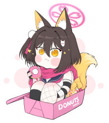 Rule 34 | 1girl, animal ear fluff, animal ears, black gloves, black hair, blue archive, blush stickers, chibi, commentary request, doughnut, eating, english text, eyeshadow, fingerless gloves, fishnet thighhighs, fishnets, food, fox ears, fox girl, fox hair ornament, fox tail, gloves, hadanugi dousa, hair between eyes, hair ornament, halo, highres, holding, holding food, hugging own legs, izuna (blue archive), japanese clothes, knees to chest, knees up, long sleeves, looking at viewer, makeup, medium hair, ninja, one side up, open kimono, pleated skirt, pom pom (clothes), pom pom hair ornament, school uniform, serafuku, sidelocks, simple background, skirt, sleeveless, smile, solo, sparkle, tail, thighhighs, wide sleeves, yellow eyes, yosik