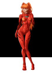 Rule 34 | 1girl, absurdres, alternate breast size, artist request, blue eyes, blush, bodysuit, breasts, brown hair, covered navel, full body, highres, index finger raised, interface headset, lips, long hair, looking at viewer, medium breasts, neon genesis evangelion, red bodysuit, shiny clothes, shiny skin, simple background, skin tight, smile, solo, souryuu asuka langley, standing, two-tone background, very long hair