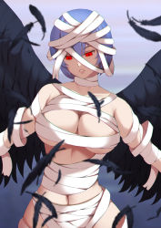 Rule 34 | 1girl, ayanami rei, bandaged head, bandages, black wings, blue hair, blurry, blurry background, breasts, depth of field, feathered wings, feathers, halloween, halloween costume, haryudanto, large breasts, looking away, looking down, mummy costume, naked bandage, navel, neon genesis evangelion, parted lips, purple background, purple hair, red eyes, solo, upper body, wings