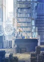 Rule 34 | book, bookshelf, boots, unworn boots, cup, highres, holographic interface, indoors, industrial pipe, k kanehira, lamp, lampshade, no humans, original, plant, realistic, scenery, suitcase