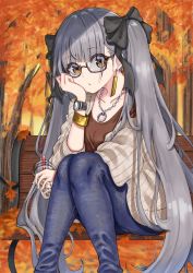 Rule 34 | 1girl, alternate costume, autumn, autumn leaves, azur lane, bad id, bad pixiv id, bench, black-framed eyewear, black bow, bow, bracelet, brown shirt, bubble tea, casual, collarbone, cup, day, denim, drinking straw, earrings, formidable (azur lane), glasses, grey hair, highres, holding, holding cup, jeans, jewelry, long hair, looking at viewer, necklace, outdoors, pants, r (ryo), semi-rimless eyewear, shirt, sitting, solo, twintails, under-rim eyewear, watch, wristwatch
