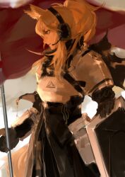 Rule 34 | 1girl, absurdres, animal ears, arknights, armor, black dress, black gloves, blonde hair, brown eyes, chest armor, dress, flagpole, from side, gloves, headset, highres, holding, holding pole, holding shield, horse ears, horse girl, implied extra ears, long hair, long sleeves, nearl (arknights), painting (medium), pauldrons, plate armor, pole, ponytail, profile, shield, shoulder armor, solo, standing, traditional media, vaticancameos c