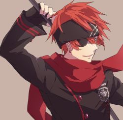 Rule 34 | 1boy, arm up, black gloves, black headband, black jacket, closed mouth, d.gray-man, earrings, eyepatch, fingerless gloves, gloves, green eyes, grey background, headband, jacket, jewelry, lavi, long sleeves, male focus, or i, red hair, simple background, solo, spiked hair, tongue, tongue out, upper body