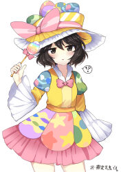 Rule 34 | !?, 1other, :o, alternate costume, black eyes, black hair, blush, bow, bowtie, check commentary, collared shirt, commentary, commentary request, easter, easter egg, egg, enraku tsubakura, frilled hat, frilled shirt collar, frilled skirt, frills, hand up, hat, hat bow, hat ribbon, highres, holding, holding wand, juliet sleeves, len&#039;en, long sleeves, multicolored clothes, multicolored skirt, open mouth, ougi hina, pink bow, pink bowtie, pink ribbon, pink skirt, puffy sleeves, ribbon, shirt, short hair, skirt, speech bubble, top hat, translated, wand, wide sleeves, yellow hat, yellow shirt