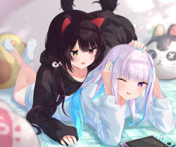 Rule 34 | 2girls, ;), absurdres, animal ears, black hair, black hoodie, blue hair, blue hoodie, blue nails, blunt bangs, blurry, blurry background, blurry foreground, blush, commentary request, crossed ankles, dog ears, dog girl, dog tail, fang, hair ornament, hand on another&#039;s head, heterochromia, highres, hood, hood down, hoodie, inui toko, light purple hair, lize helesta, long hair, long sleeves, looking at another, lying, multicolored hair, multiple girls, nail polish, nenehotoso, nijisanji, nintendo switch, no shoes, on bed, on stomach, one eye closed, open mouth, purple eyes, purple nails, red eyes, sleeves past wrists, smile, socks, streaked hair, stuffed toy, tail, virtual youtuber, yellow eyes, yuri