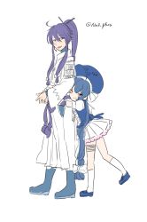 Rule 34 | 1boy, 1girl, ahoge, blue eyes, blue hair, boots, braid, dress, eel hat, hair ornament, hat, headset, highres, hug, hug from behind, japanese clothes, kamui gakupo, long hair, low-braided long hair, low-tied long hair, n03+, open mouth, otomachi una, otomachi una (sugar), ponytail, purple hair, simple background, smile, twintails, twitter username, very long hair, vocaloid, white background