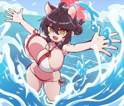 Rule 34 | 1girl, :d, ahoge, animal ears, bikini, blue archive, bouncing breasts, breasts, bright pupils, brown hair, fang, hair bun, halo, highres, huge breasts, kaede (blue archive), masked agent, ocean, open mouth, oppai loli, outstretched arms, short hair, side-tie bikini bottom, sidelocks, single hair bun, smile, solo, splashing, spread arms, swimsuit, unaligned breasts, wading, water, white pupils, yellow eyes