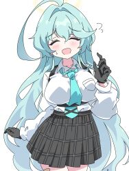 Rule 34 | 1girl, absurdres, ahoge, black gloves, black skirt, blue archive, blue necktie, blush, closed eyes, collared shirt, cowboy shot, facing viewer, gloves, green hair, green necktie, hair between eyes, halo, highres, huge ahoge, long hair, long sleeves, mangyu0111, necktie, open mouth, pleated skirt, shirt, simple background, skirt, solo, white background, white shirt, yellow halo, yume (blue archive)