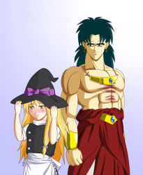 Rule 34 | 1boy, 1girl, bad id, bad nicoseiga id, black eyes, blonde hair, blush, bracelet, broly (dragon ball z), crossover, dragon ball, dragonball z, dress, earrings, happy, hat, head, image sample, jewelry, kamishima kanon, kirisame marisa, moyatto, muscular, necklace, nose, puffy sleeves, ribbon, scar, scar on stomach, smile, spiked hair, thumbnail, touhou, witch, witch hat, yellow eyes