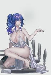 Rule 34 | 1girl, azur lane, backless dress, backless outfit, bag, bare shoulders, blue hair, blue nails, breasts, cleavage, dress, echj, evening gown, grey dress, hair between eyes, halter dress, halterneck, handbag, high heels, highres, jewelry, large breasts, nail polish, necklace, pink eyes, plunging neckline, revealing clothes, side ponytail, sidelocks, silver dress, silver footwear, squatting, st. louis (azur lane), st. louis (luxurious wheels) (azur lane), thighs