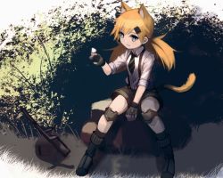 Rule 34 | 1girl, :3, animal ears, black footwear, black gloves, black necktie, black socks, blonde hair, blue eyes, boots, bug, bushman ltd., butterfly, butterfly on hand, cat ears, cat tail, collared shirt, commentary request, fingerless gloves, full body, girls&#039; frontline, gloves, grass, gun, hair ornament, hairclip, handgun, hara shoutarou, highres, idw (girls&#039; frontline), insect, knee pads, long hair, looking to the side, low twintails, machine gun, machine pistol, necktie, parker-hale, parker-hale idw, parker-hale pdw, personal defense weapon, pistol, prototype design, rheinlander instruments corp., rock, shirt, shorts, sitting, sleeves rolled up, smile, socks, solo, submachine gun, suppressor, suspender shorts, suspenders, tail, twintails, weapon, white shirt, wing collar