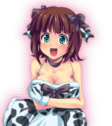 Rule 34 | 00s, 1girl, amami haruka, animal print, bare shoulders, blush, bow, breast hold, breasts, brown hair, choker, cleavage, cow print, cute &amp; girly (idolmaster), female focus, gloves, green eyes, hair bow, happy, idolmaster, idolmaster (classic), kanae arisu, large breasts, new year, short hair, solo