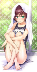 Rule 34 | 1girl, bad id, bad pixiv id, barefoot, brown hair, chain-link fence, feet, fence, food, green eyes, crossed legs, one-piece swimsuit, original, popsicle, school swimsuit, short hair, solo, spread toes, swimsuit, toes, towel, towel on head, wet, zucchini