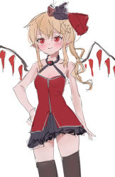 Rule 34 | 1girl, alternate costume, black skirt, black thighhighs, closed mouth, cowboy shot, flandre scarlet, hair ribbon, looking at viewer, one side up, pointy ears, red eyes, red ribbon, reddizen, ribbon, simple background, skirt, sleeveless, solo, standing, thighhighs, touhou, white background
