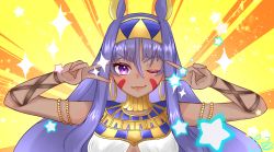Rule 34 | 1girl, animal ears, bare shoulders, blush, breasts, closed mouth, dark-skinned female, dark skin, double v, earrings, egyptian clothes, emotional engine - full drive, facepaint, facial mark, fate/grand order, fate (series), hair between eyes, hairband, hands up, highres, hoop earrings, jackal ears, jewelry, koto00, long hair, looking at viewer, medium breasts, nitocris (fate), one eye closed, parody, purple eyes, purple hair, sidelocks, smile, solo, sparkle, star (symbol), usekh collar, v, yellow background