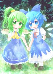 Rule 34 | 2girls, ahoge, blue eyes, blue hair, blush, child, cirno, daiyousei, fang, green eyes, green hair, holding hands, hand on another&#039;s chest, hand on own chest, multiple girls, open mouth, side ponytail, smile, touhou, wings, yuya (minus-k)