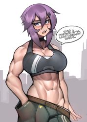 Rule 34 | !, ..., 1girl, abs, artist name, blush, breasts, choker, commentary, cowboy shot, english commentary, english text, grey eyes, hair between eyes, hand in pocket, highres, large breasts, looking at viewer, maya (roadi3), muscular, muscular female, navel, open mouth, original, pants, purple hair, roadi3, scar, scar on face, scar on nose, short hair, solo, speech bubble, sports bra, teeth, tongue, twitter username, watermark