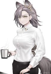 Rule 34 | 1girl, animal ears, arknights, black nails, black pants, brown hair, brown tail, buttoned cuffs, buttons, closed mouth, collared shirt, cowboy shot, cup, dress shirt, earrings, fingernails, hair behind ear, hair ornament, highres, holding, holding cup, jewelry, long hair, long sleeves, looking ahead, mole, mole above eye, mole on forehead, mug, nail polish, pants, penance (arknights), serious, shirt, simple background, solo, standing, steam, surgeon cuffs, tail, twitter username, white background, white shirt, yellow eyes, yokaze (yokajie)