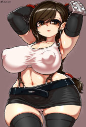 Rule 34 | 1girl, armpits, arms behind head, arms up, artist name, black thighhighs, breasts, brown background, brown eyes, brown hair, cameltoe, collarbone, covered erect nipples, cowboy shot, curvy, earrings, elbow gloves, elbow pads, eyes visible through hair, final fantasy, final fantasy vii, gloves, haku hakujou daimaou, highres, jewelry, large breasts, long hair, looking at viewer, matching hair/eyes, midriff, miniskirt, navel, panties, parted lips, simple background, skindentation, skirt, solo, swept bangs, tank top, thick thighs, thighhighs, thighs, tifa lockhart, underwear, white panties, wide hips