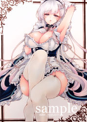 Rule 34 | 1girl, :o, apron, areola slip, armpits, arms behind head, artist name, azur lane, belfast (azur lane), blue dress, blush, braid, breasts, chain, choker, dress, french braid, frilled dress, frills, garter straps, gloves, highres, huge breasts, long hair, looking at viewer, maid, maid apron, maid headdress, mktr (princess mktr), open mouth, purple eyes, sitting, sleeveless, sleeveless dress, solo, thick thighs, thighhighs, thighs, traditional media, very long hair, white dress, white gloves, white hair, white thighhighs, wide hips