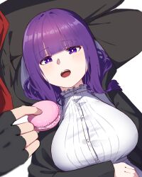 Rule 34 | 1boy, 1girl, :o, black gloves, black robe, blunt bangs, blush, breasts, bright pupils, commentary request, dress, feeding, fern (sousou no frieren), fingerless gloves, food, gloves, highres, holding, holding food, hyoe (hachiechi), lap pillow, large breasts, looking at viewer, macaron, pov, pov hands, purple eyes, purple hair, robe, sousou no frieren, stark (sousou no frieren), white dress, white pupils
