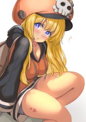 Rule 34 | 1girl, :o, ?, absurdres, alternate color, bike shorts, blonde hair, blue eyes, blush, breasts, cleavage, guilty gear, guilty gear strive, hair between eyes, heart, heart tattoo, highres, hood, hood down, jacket, kibihimi, long hair, long sleeves, looking at viewer, may (guilty gear), orange headwear, orange jacket, short shorts, shorts, skull and crossbones, small breasts, solo, tattoo, thighs, white background