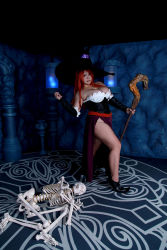 Rule 34 | 1girl, asian, breasts, chouzuki maryou, cosplay, dragon&#039;s crown, hat, highres, hip focus, large breasts, photo (medium), plump, red hair, skeleton, solo, witch, sorceress (dragon&#039;s crown), sorceress (dragon&#039;s crown) (cosplay), staff, thick thighs, thighs, wide hips, witch hat