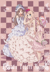 Rule 34 | 3girls, :d, atelier (series), atelier meruru, atelier rorona, atelier totori, bad id, bad pixiv id, bare shoulders, blonde hair, blue dress, blue eyes, boots, bouquet, brown eyes, brown hair, character name, checkered background, crown, dress, earrings, elbow gloves, female focus, flower, frilled dress, frills, gathers, gloves, half updo, hamayumiba sou, hat, headdress, height difference, high heels, jewelry, long hair, merurulince rede arls, multiple girls, necklace, open mouth, own hands together, pink background, pink dress, pink hair, rororina fryxell, shoes, short hair, smile, star (symbol), thigh boots, thighhighs, too many, totooria helmold, wedding dress