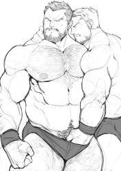 Rule 34 | 2boys, abs, arm hair, bara, bare pectorals, beard, blush, briefs, chest hair, closed eyes, facial hair, feet out of frame, greyscale, groping, hairy, hand on another&#039;s shoulder, hand under clothes, large pectorals, leg hair, male focus, male pubic hair, male underwear, mature male, monochrome, multiple boys, muscular, muscular male, navel, navel hair, nipples, original, pectorals, penis grab, pubic hair, ryker, short hair, sketch, standing, stomach, thick thighs, thighs, underwear, underwear only, wrestling outfit, yaoi