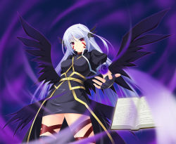 Rule 34 | 1girl, amicis, black wings, book, energy ball, facial mark, fingerless gloves, gloves, head wings, long hair, lyrical nanoha, mahou shoujo lyrical nanoha, mahou shoujo lyrical nanoha a&#039;s, multiple wings, red eyes, reinforce, silver hair, single thighhigh, solo, thigh strap, thighhighs, wings, tome of the night sky