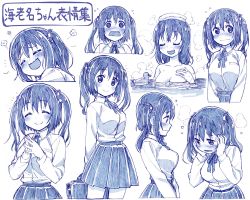 Rule 34 | 10s, 1girl, :d, = =, arms behind back, bathing, blue theme, blush, breasts, cleavage, ebina nana, expressions, closed eyes, female focus, hands on own face, highres, himouto! umaru-chan, large breasts, long hair, looking at viewer, monochrome, open mouth, own hands clasped, own hands together, rubber duck, sakino shingetsu, school uniform, shirt, simple background, sketch, skirt, smile, solo, towel, towel on head, twintails, wavy mouth