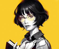 Rule 34 | 1girl, black hair, book, breasts, commentary, english commentary, fingernails, glasses, greyscale, highres, holding, holding book, lips, looking at viewer, medium breasts, mitch mohrhauser, monochrome, nose, original, portrait, rimless eyewear, round eyewear, short hair, solo, spot color, yellow background
