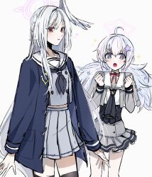 Rule 34 | 2girls, ahoge, black neckerchief, black thighhighs, blue archive, blush, clenched hands, cosplay, costume switch, grey background, grey hair, grey skirt, hair ornament, halo, head wings, highres, long hair, long sleeves, multicolored hair, multiple girls, neckerchief, open clothes, open mouth, pasta bar415, pink hair, pleated skirt, reisa (blue archive), reisa (blue archive) (cosplay), sailor collar, school uniform, serafuku, simple background, single head wing, skirt, sparkle, star (symbol), star hair ornament, suzumi (blue archive), suzumi (blue archive) (cosplay), thighhighs, twintails, twitter username, very long hair, white sailor collar, wings