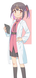 Rule 34 | 1girl, belt, black skirt, black socks, bolo tie, brown eyes, coat, commentary, feet out of frame, hair ornament, hair ribbon, hairclip, hand on own hip, highres, kneehighs, lab coat, looking at viewer, medium hair, multicolored hair, onii-chan wa oshimai!, open clothes, open coat, oyama mihari, pleated skirt, purple hair, red ribbon, red shirt, revision, ribbon, saiste, shirt, simple background, skirt, smile, socks, solo, tablet pc, twintails, two-tone hair, untucked shirt, white background, wing collar