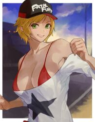 Rule 34 | 1girl, alice garnet nakata, baseball cap, bikini, bikini top only, blonde hair, border, breasts, cleavage, commentary, fatal fury, green eyes, grin, hat, highres, large breasts, looking at viewer, oni gini, outdoors, oversized clothes, oversized shirt, red bikini, shirt, short hair, smile, solo, swimsuit, the king of fighters, the king of fighters xiv, white border, white shirt