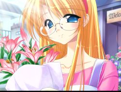 Rule 34 | 1girl, blonde hair, blue eyes, downhill night, emily (pure dream), flower, glasses, long hair, smile, solo, top (company), yano maria