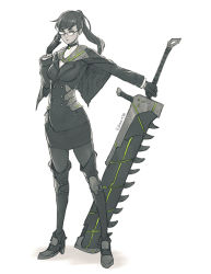 Rule 34 | 1girl, adjusting eyewear, armor, artist name, belt, belt buckle, boots, breasts, buckle, buttons, cape, closed mouth, double-breasted, formal, full body, glasses, gloves, green eyes, greyscale, high heel boots, high heels, holding, holding sword, holding weapon, huge weapon, jacket, knee boots, knee pads, koyorin, legs apart, long hair, long sleeves, looking at viewer, mature female, medium breasts, mole, mole under eye, monochrome, open belt, original, outstretched arm, pantyhose, pencil skirt, ponytail, simple background, sketch, skirt, solo, spot color, standing, suit, sword, unsheathed, weapon, white background