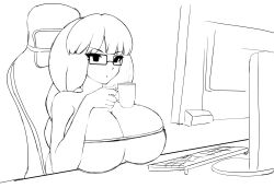 Rule 34 | 1girl, breast rest, breasts, breasts on table, chair, clothes, computer, cup, glasses, highres, holding, holding cup, huge breasts, long hair, solo, tagme, tight clothes, zonen404