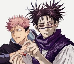 2boys, absurdres, bags under eyes, bangs, black jacket, blood, blood on face, brown eyes, brown hair, choso (jujutsu kaisen), closed mouth, facial scar, half-closed eyes, hands up, high collar, highres, hk (i2r), incoming attack, itadori yuuji, jacket, jujutsu kaisen, looking away, looking to the side, male focus, multicolored hair, multiple boys, pink eyes, pink hair, sash, scar, scar on cheek, scar on face, shirt, short hair, simple background, sweatdrop, swept bangs, tattoo, tsurime, twintails, two-tone hair, undercut, upper body, white background, white shirt
